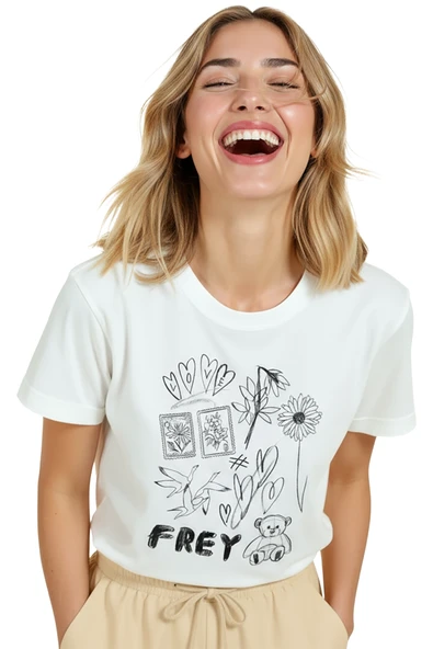 Kadın Beyaz Relaxed Fit %100 Pamuk Tişört – Doodle Kolaj Teddy & Çiçek Baskılı - Resim 5