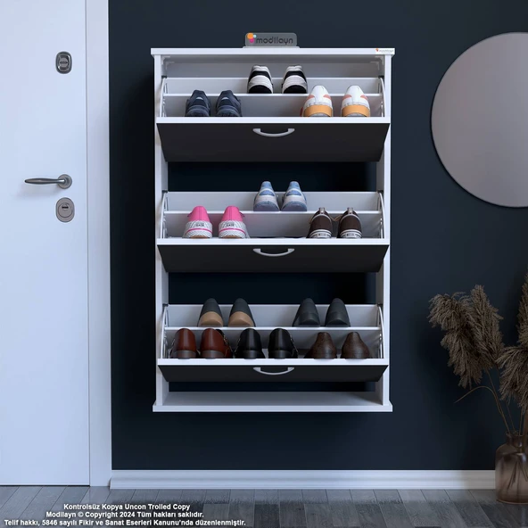 Modilayn VARBİ Asma Antre 72x115x26 cm’ lik 3 Düşer Kapak 6 Göz Bölmeli Ayakkabılık - Resim 3