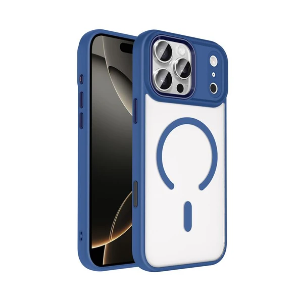 Zore Apple iPhone 17 Pro Max ile Uyumlu Kılıf Wireless Şarj Özellikli Krom M-safe Silikon Kapak Lacivert ürün görseli