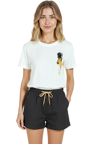 Kadın Beyaz Relaxed Fit %100 Pamuk Tişört – Sarı Doodle Profil Kız Baskılı ürün görseli 1