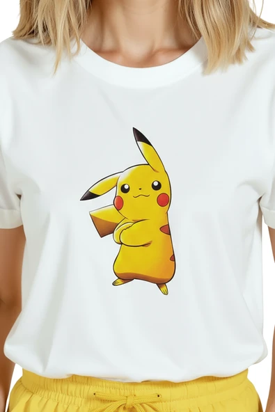 Kadın Beyaz Relaxed Fit %100 Pamuk Tişört – Pikachu Çizgi Karakter Baskılı - Resim 8