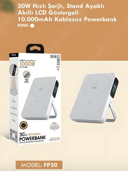10000mAh 30W Hızlı Şarjlı Dijital Göstergeli Taşınabilir Kablosuz Magsafe Powerbank Beyaz - Resim 5