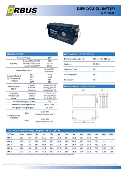 ORBUS 12 VOLT 150 AMPER JEL AKÜ - DERİN DÖNGÜ - 12 V 150 AH deep cycle - Resim 2