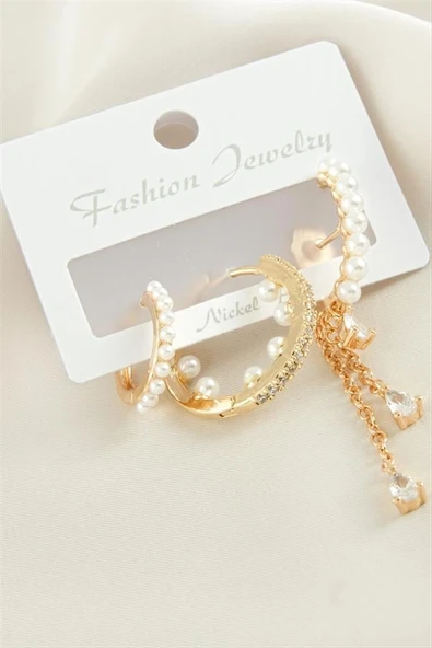 3 Adet İnci Zirkon Taşlı Küpe