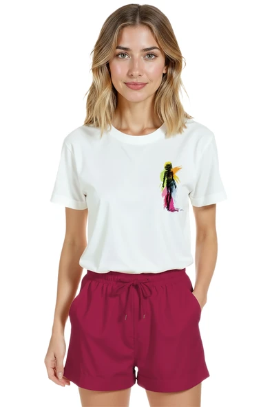 Kadın Beyaz Relaxed Fit %100 Pamuk Tişört – Renkli Fırça İzleri & Soyut Figür Baskılı ürün görseli 1