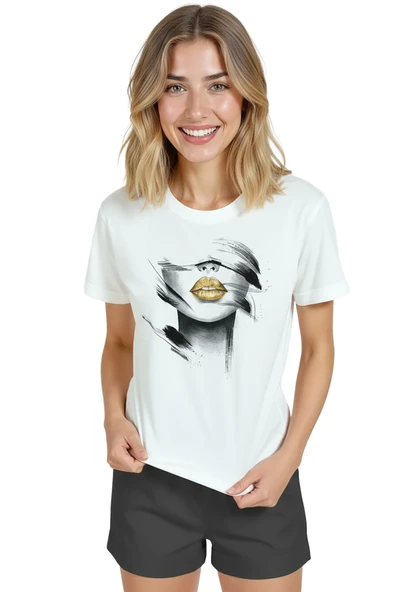 Kadın Beyaz Relaxed Fit %100 Pamuk Tişört – Altın Ruj & Mürekkep Fırça İzleri Baskılı - Resim 3