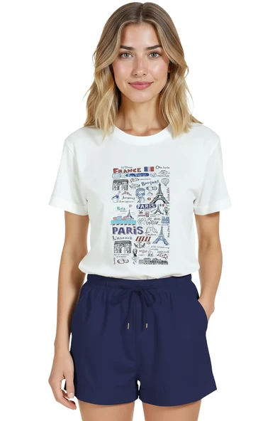 Kadın Beyaz Relaxed Fit %100 Pamuk Tişört – Paris Karikatür Tipografi Baskılı ürün görseli 1
