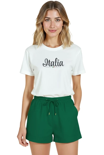 Kadın Beyaz Relaxed Fit %100 Pamuk Tişört – ITALIA Script & Mini Bayrak Baskılı - Resim 7