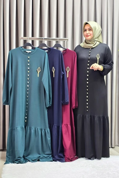 Kadın Giyim Büyük Beden Kristal Düğmeli Elbise - Resim 4