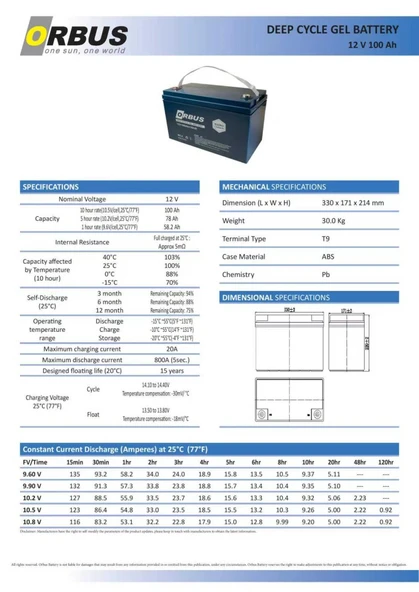 ORBUS 12 VOLT 100 AMPER JEL AKÜ - DERİN DÖNGÜ - Resim 2