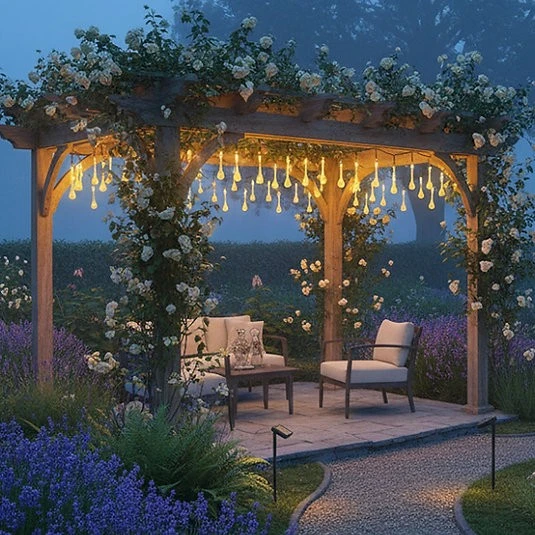 KENPAZAR Damla Şeklinde 50 Led Güneş Enerjili Bahçe Balkon Aydınlatma 7 Metre ışık - Resim 3