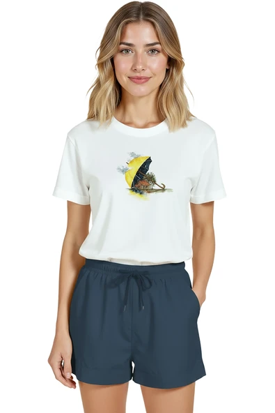 Kadın Beyaz Relaxed Fit %100 Pamuk Tişört – Şemsiye Ev Suluboya Baskılı - Resim 6