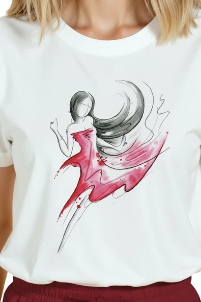 Kadın Beyaz Relaxed Fit %100 Pamuk Tişört – Suluboya Dansçı ve Kırmızı Elbise Baskılı - 7