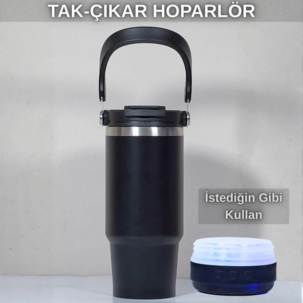 Bluetooth Hoparlörlü Paslanmaz Çelik Termos Bardak 600 ml -Pipetli ,Çift Kullanımlı Kapak - Resim 3