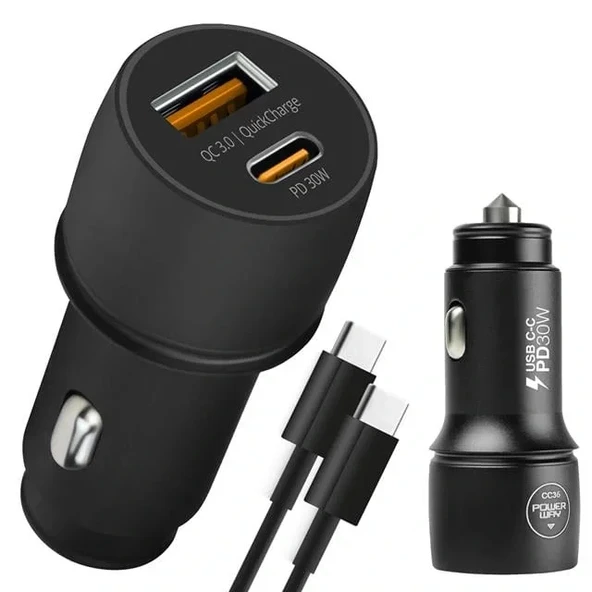 Powerway Cc36 30w Pd + Qc 3.0 Çift Çıkışlı Metal Araç Çakmaklık Hızlı Şarj Kablolu Set ürün görseli 1