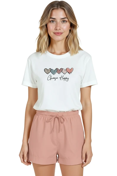 Kadın Beyaz Relaxed Fit %100 Pamuk Tişört – Kalp Sıralı & ''Choose Happy'' Baskılı - Resim 7