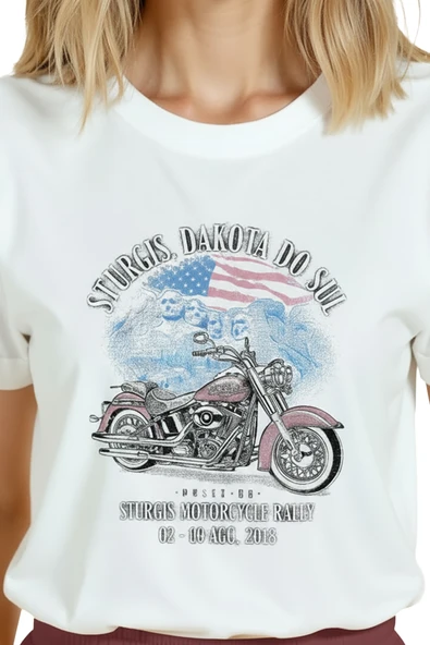 Kadın Beyaz Relaxed Fit %100 Pamuk Tişört – Sturgis Vintage Motosiklet Baskılı - Resim 8