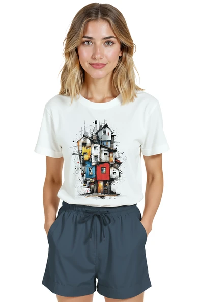 Kadın Beyaz Relaxed Fit %100 Pamuk Tişört – Suluboya & Mürekkep Renkli Evler Baskılı - Resim 6