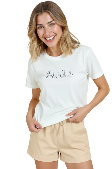 Kadın Beyaz Relaxed Fit %100 Pamuk Tişört – El Yazısı “Paris” & Eyfel İllüstrasyonlu - Resim 3