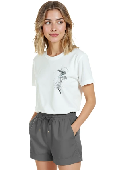 Kadın Beyaz Relaxed Fit %100 Pamuk Tişört – İnce Mürekkep & Minimal Soyut Grafik Baskılı - Resim 4