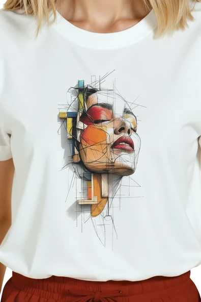 Kadın Beyaz Relaxed Fit %100 Pamuk Tişört – Soyut Çizgisel Portre & Renkli Geometri Baskılı - Resim 8
