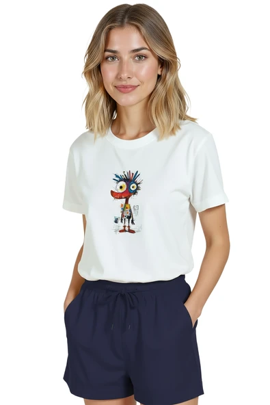 Kadın Beyaz Relaxed Fit %100 Pamuk Tişört – Renkli Soyut Karakter & Çizgisel Baskılı - Resim 6