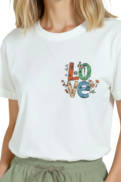 Kadın Beyaz Relaxed Fit %100 Pamuk Tişört – Floral “LOVE” Minyatür Suluboya Baskılı - Resim 8