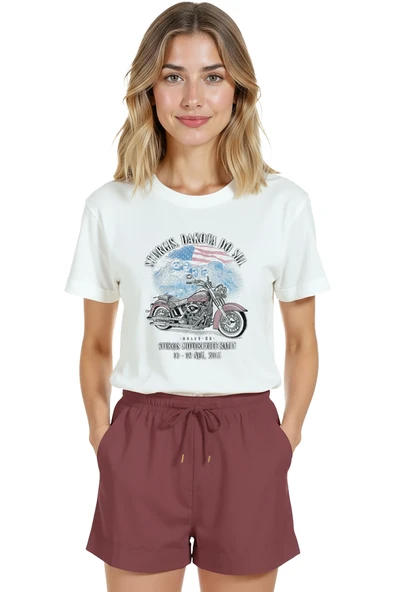 Kadın Beyaz Relaxed Fit %100 Pamuk Tişört – Sturgis Vintage Motosiklet Baskılı - Resim 7