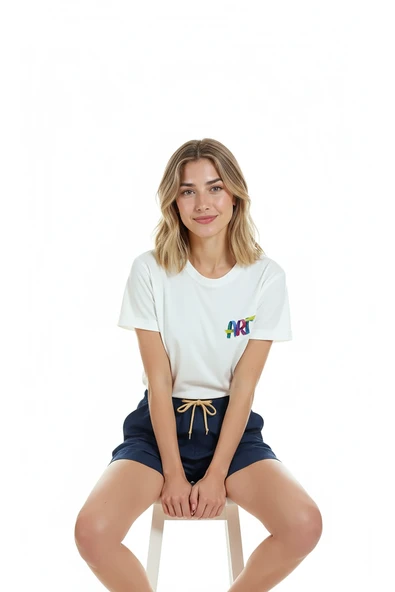 Kadın Beyaz Relaxed Fit %100 Pamuk Tişört – Renkli “ART” Suluboya Baskılı - Resim 6