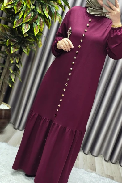 Kadın Giyim Büyük Beden Kristal Düğmeli Elbise - Resim 6