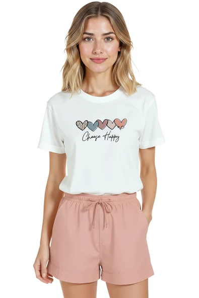 Kadın Beyaz Relaxed Fit %100 Pamuk Tişört – Kalp Sıralı & ''Choose Happy'' Baskılı ürün görseli 1