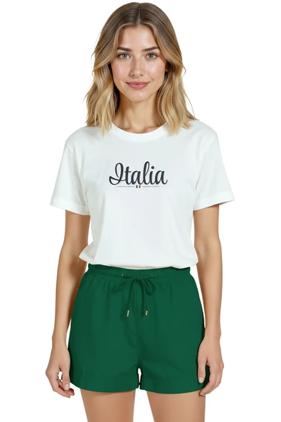 Kadın Beyaz Relaxed Fit %100 Pamuk Tişört – ITALIA Script & Mini Bayrak Baskılı ürün görseli 1