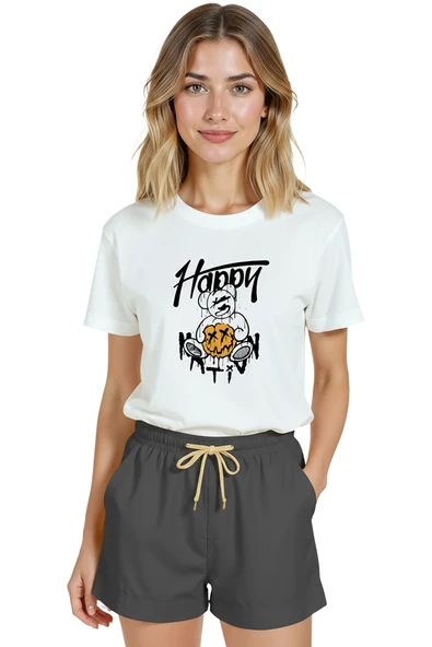 Kadın Beyaz Relaxed Fit %100 Pamuk Tişört – Grafiti Teddy Ayı & Pumpkin Street Baskılı ürün görseli 1