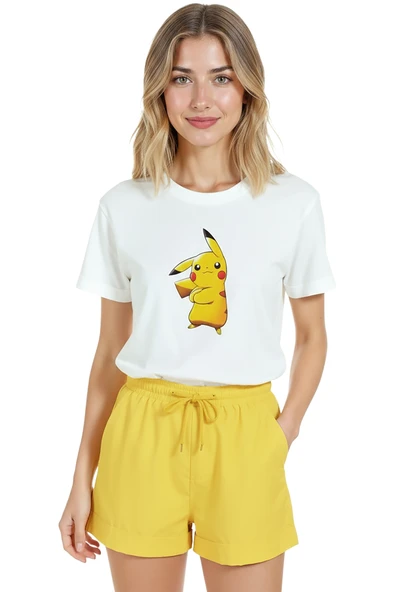Kadın Beyaz Relaxed Fit %100 Pamuk Tişört – Pikachu Çizgi Karakter Baskılı ürün görseli 1