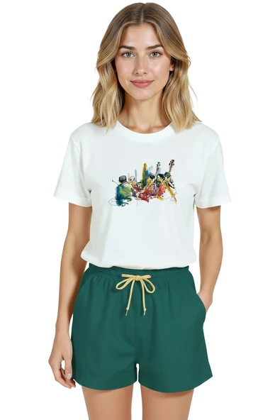 Kadın Beyaz Relaxed Fit %100 Pamuk Tişört – Caz Grubu & Sokak Müzisyeni Baskılı - Resim 6