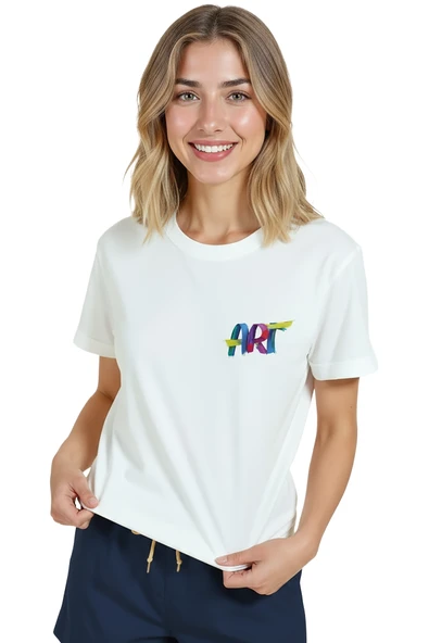 Kadın Beyaz Relaxed Fit %100 Pamuk Tişört – Renkli “ART” Suluboya Baskılı - Resim 4