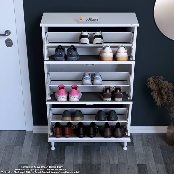 Modilayn VARBİ Kapı Önü 72x 127x 26 cm’ lik 3 Düşer Kapak 6 Göz Raf Bölmeli Ayakkabılık - Resim 5