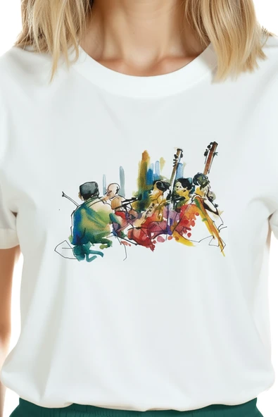 Kadın Beyaz Relaxed Fit %100 Pamuk Tişört – Caz Grubu & Sokak Müzisyeni Baskılı - Resim 7