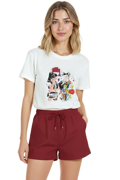 Kadın Beyaz Relaxed Fit %100 Pamuk Tişört – Renkli Sokak Karakterleri Baskılı ürün görseli 1
