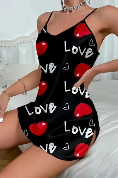 Love Desenli Siyah Saten Gecelik - Resim 3
