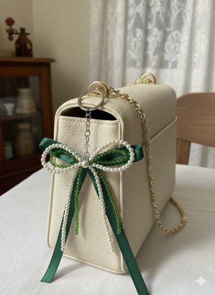 İnci Detaylı Yeşil Fiyonk Çanta Süsü / Anahtarlık ürün görseli 1