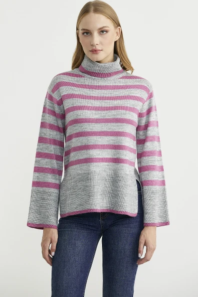 Yünlü Tam Balıkçı Çizgili Triko Kazak - Gri ürün görseli