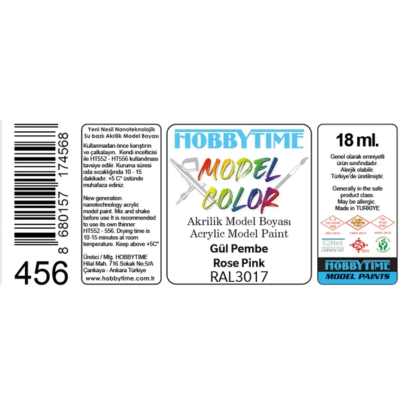 Hobbytime 456 18 ml. RAL3017 Gül Pembe (Rose Pink) Akrilik Model Boyası - Resim 2