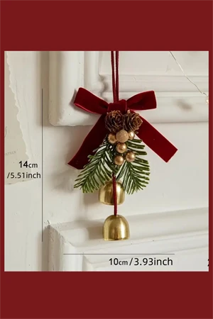 Kırmızı & Altın Noel Kapı Süsü | İkili Çan ve Bordo Kurdele Detaylı Çam Kozalaklı Yılbaşı Kapı Çelengi (1 Adet) - Resim 3