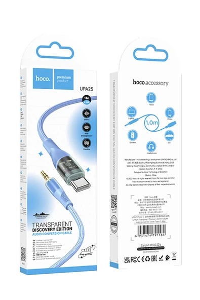 Hoco. UPA25 1M Tak Çalıştır Type-C to Aux Kablo - Mavi - Resim 3