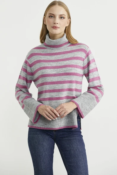 Yünlü Tam Balıkçı Çizgili Triko Kazak - Gri - Resim 2