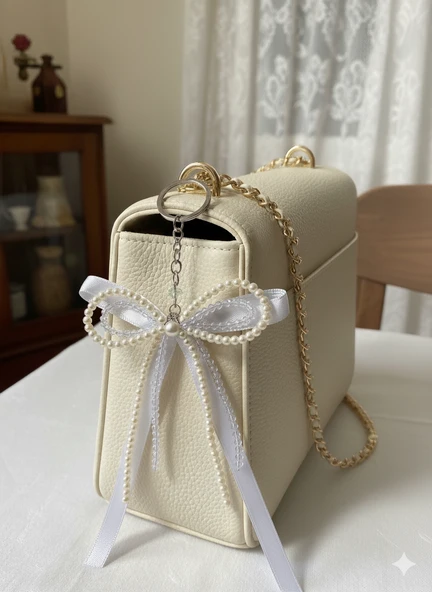 İnci Detaylı Beyaz Fiyonk Çanta Süsü / Anahtarlık ürün görseli 1