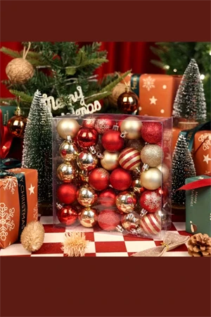 50 Adet 40mm Kırmızı Altın Beyaz Noel Ağacı Süs Topları Seti | 9 Farklı Desen & Hafif Dayanıklı Yılbaşı Dekoru - Resim 6