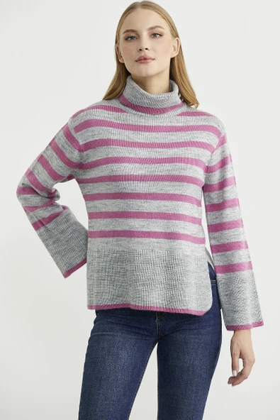 Yünlü Tam Balıkçı Çizgili Triko Kazak - Gri - Resim 3