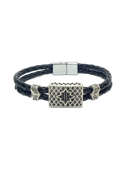 JTAW25BLK1609 HAKİKİ DERİ ZİRKON TAŞLI ALAŞIMLI METAL MIKNATIS KAPAMA ile ONYX ve HEMATİT DOĞALTAŞ ESNEK KOMBİN SİYAH GARANTİLİ HEDİYE KUTULU JANTİ BİLEKLİK - Resim 3